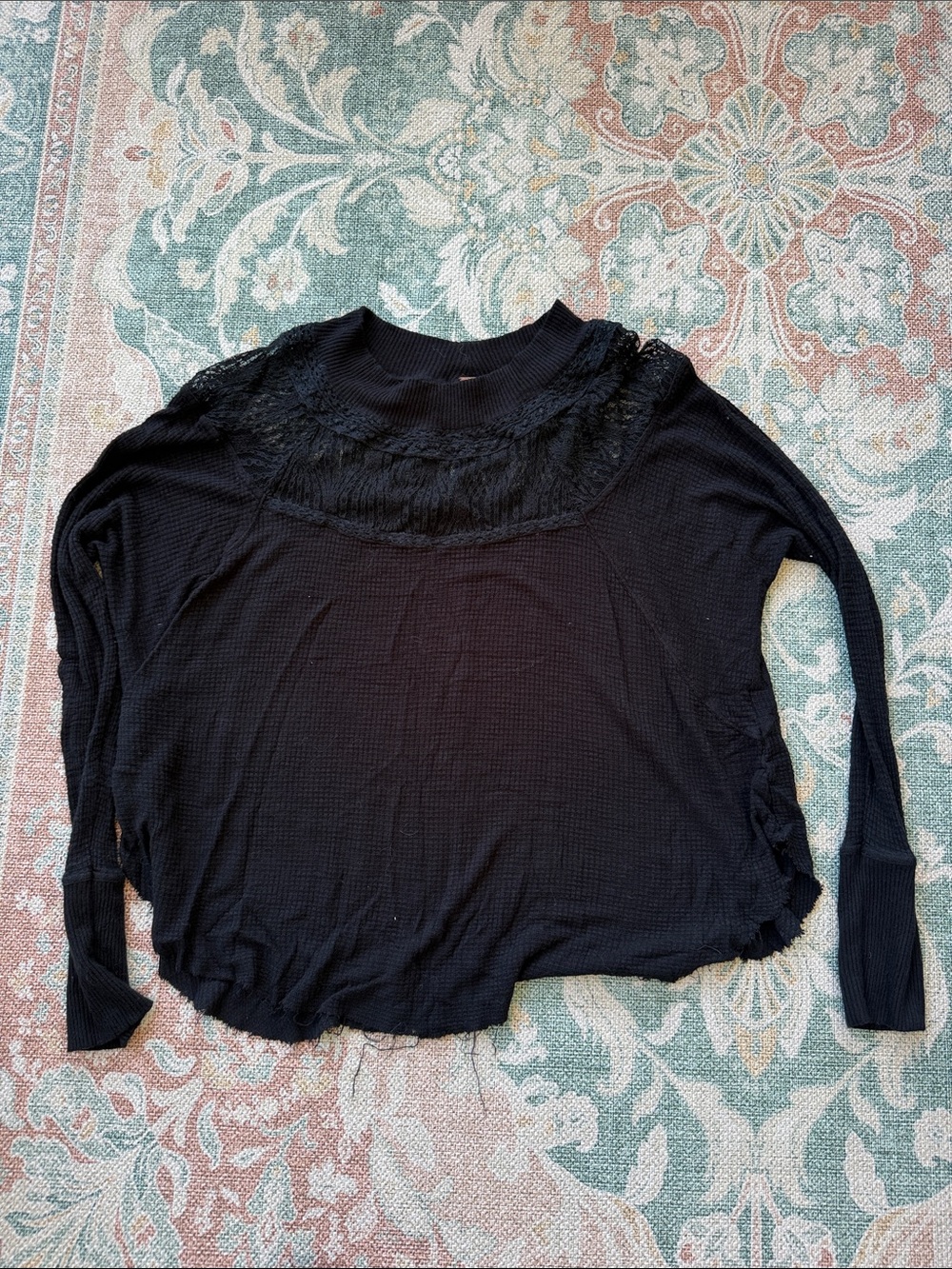 Free People Black Lace Yoke Long Sleeve Knit Top